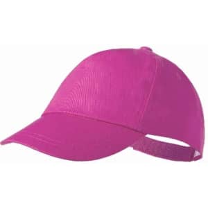A pink cap with a curved brim and an adjustable strap at the back, featuring a logo on the front.