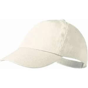A white cap with a curved brim and an adjustable strap at the back, featuring a logo on the side.