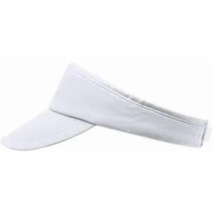 A white visor hat with a wide brim and an adjustable band at the back. Features a logo.