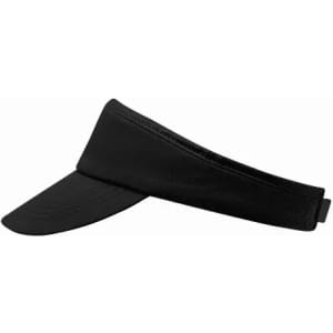 A black visor hat with a wide brim and adjustable strap, featuring a logo on the band.