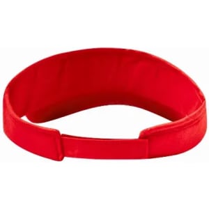 A red headband with a soft interior and adjustable strap featuring a branded logo.