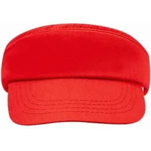 A red visor cap with a wide brim and a simple design, featuring a stitched pattern. It has a logo on the front.