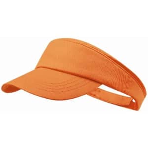 A visor in bright orange with a wide brim and adjustable strap at the back. It features a simple design.