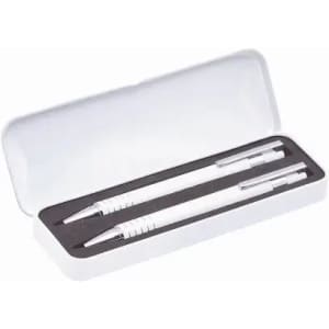 A set of two white pens in a sleek white case with a black interior.