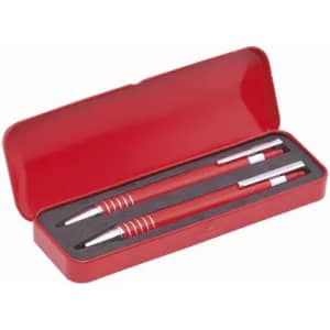 A pen set in a red gift box featuring two red pens with silver accents and a black foam insert.