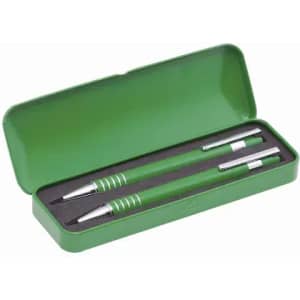 A green pen set in a matching green case, featuring two pens with silver accents.