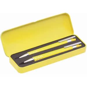 A yellow pen set in a matching yellow case, featuring two pens with silver accents inside.