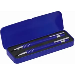 A pen set in a blue case, featuring two pens with silver accents inside.
