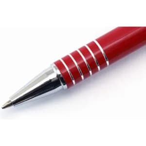 A red pen with a chrome tip and silver ring accents is displayed in the image.