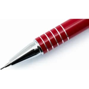 A red pen with a sleek silver tip and decorative silver bands on the barrel.
