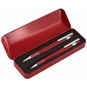 A set of two red pens in a sleek red case with a black interior.