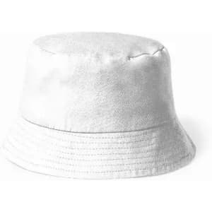 A white bucket hat with a rounded top and a wide brim. Features a textured fabric.