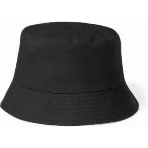 A black bucket hat with a wide brim and a textured fabric. The hat has no visible logos or branding.