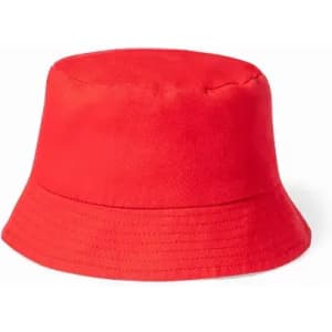 A red bucket hat with a plain design and a wide brim, made from a soft fabric.