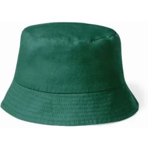 A green bucket hat with a structured top and a wide brim. It features stitching around the base and has a smooth texture.