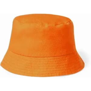 A bucket hat in bright orange, featuring a simple design and a wide brim. It has a smooth texture and a logo.