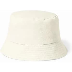 A bucket hat in pale cream colour, featuring a wide brim and a simple design. Contains a logo on the side.