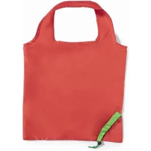 A reusable shopping bag in bright red with a green zipper pull. The bag features a simple, minimalist design and a handle.