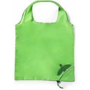 A green reusable shopping bag with a folded design and a small pocket. It includes a branding logo.