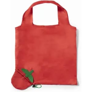 A red tote bag with short handles, featuring a green leaf detail on a small attached pouch.