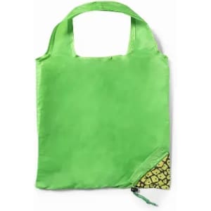 A green tote bag with a patterned corner and handles. It folds into a compact size for storage.