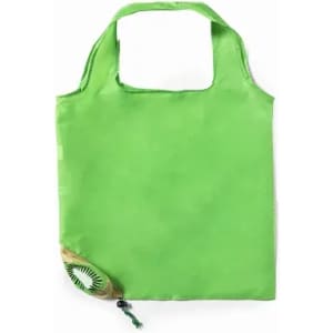 A reusable green tote bag with a hooked design at the bottom for easy storage. It features a simple handle.