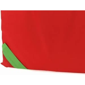 A red promotional product with a green accent at the corner and a logo present.