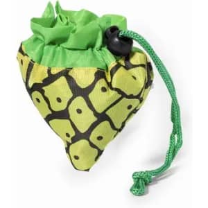 A drawstring pouch in green and yellow with a pineapple pattern, featuring a black toggle closure.