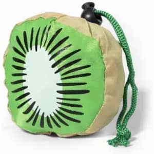 A kiwi fruit-shaped bag in green and beige, featuring a drawstring closure and a logo.