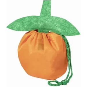 An orange drawstring bag with a green leaf accent at the top, resembling a piece of fruit.