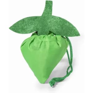 A green drawstring pouch shaped like a strawberry, featuring a leafy top and a soft finish.