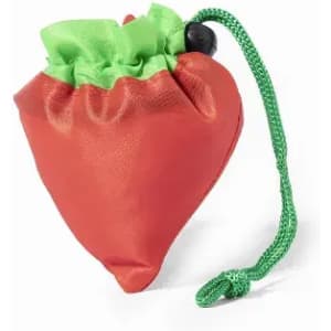 A red and green drawstring pouch shaped like a strawberry, featuring a green cord and toggle.