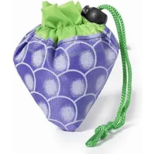A drawstring pouch in purple with a green top, featuring a scalloped pattern and a green cord.