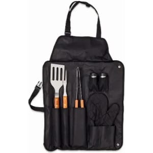 A black barbecue tool set with an apron, featuring a spatula, tongs, fork, and oven mitt. Includes salt and pepper shakers.