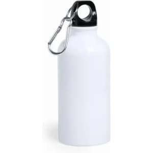 A drink bottle in white with a black cap and a metal carabiner attached.