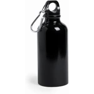 A drink bottle in sleek black with a carabiner clip attached to the lid. It features a simple design and a rounded shape.