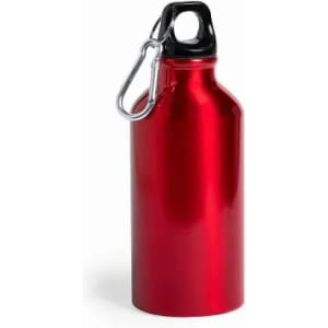 A drink bottle in shiny red with a black lid and a carabiner attachment. It has a smooth metallic finish.