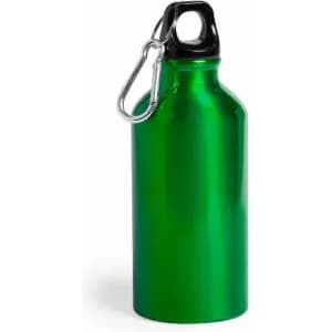 A green drink bottle with a black top and a carabiner attachment. It has a shiny metallic finish.