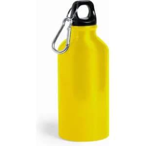 A drink bottle in bright yellow with a black top and a metal carabiner attached. It features a logo.