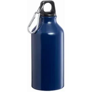 A drink bottle in a navy blue colour with a black cap and a metal carabiner attached.