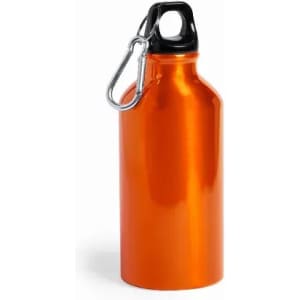A drink bottle in vibrant orange with a black cap and a metal carabiner attached.