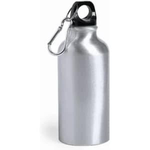 A drink bottle with a silver metallic finish and a black cap, featuring a metal carabiner attached to the top.