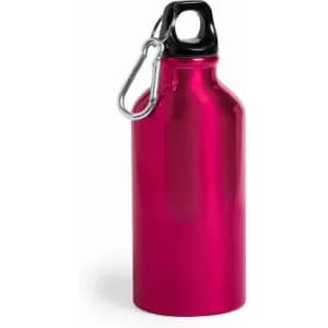 A drink bottle in a vibrant pink colour with a black cap and a silver carabiner attachment.