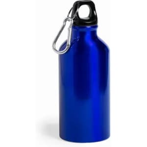 A drink bottle in shiny blue with a black top and a metal carabiner attached.
