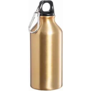 A drink bottle in a shiny gold finish with a black cap and a metal carabiner attached.