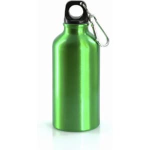 A green aluminium drink bottle with a black cap and a metal carabiner attached.