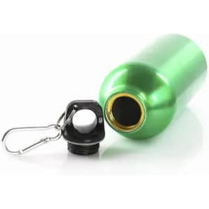 A green drink bottle with a metal finish, featuring a detachable black cap and a silver carabiner.