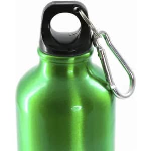 A drink bottle in bright green with a black top and a metal clip attached to it.