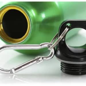 A green drink bottle with a black cap and a silver carabiner attached.