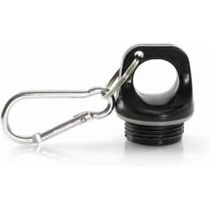 A black drink bottle lid with a carabiner attached for easy carrying. It features a threaded opening for secure closure.
